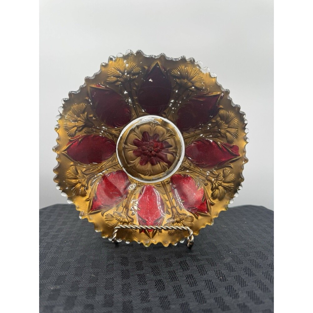 Antique pressed red & gold Goofus Glass candy dish 1890 - 1900